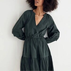 Madewell Forest Green Crinkle Poplin Wrap Dress